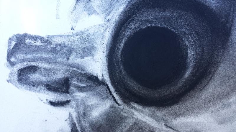 Detail of a black-and-white charcoal drawing showing the handle and mouth of a dented metal pitcher