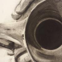 Closeup view of a black-and-white charcoal drawing of the mouth of a dented metal pitcher.  It is completely black inside the pitcher.