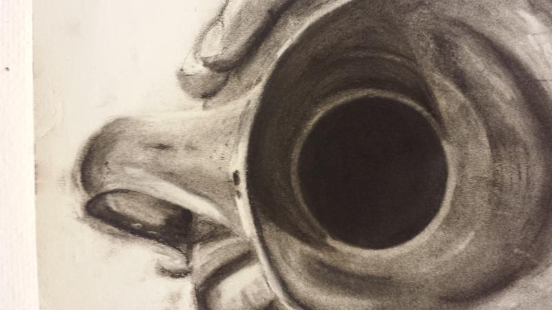 Closeup view of a black-and-white charcoal drawing of the mouth of a dented metal pitcher.  It is completely black inside the pitcher.